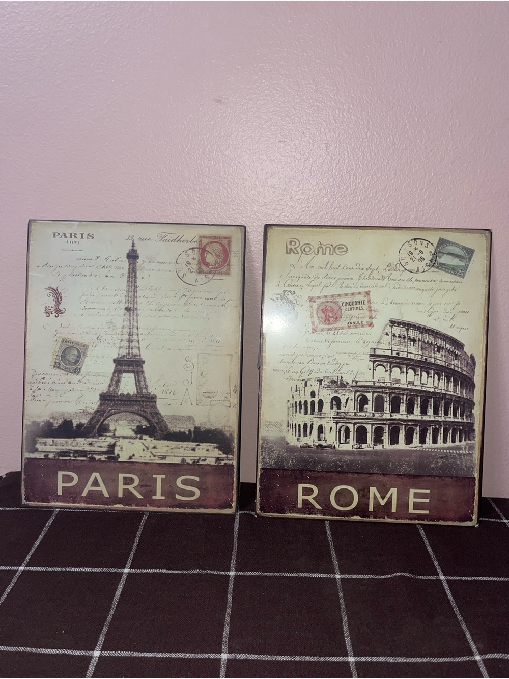 Pair Of Metal Sign Retro Faux Vintage "Rome" And “Paris”